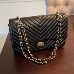 Black Quilted Faux Leather Crossbody Handbag, Chanel-like